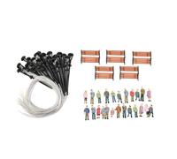 JoyousMall HO OO Lot de 49 figurines en plastique peint avec bancs et lampadaires, miniatures en plastique peint pour les plans de train, les plates-formes de gare et les dioramas de scène de rue