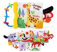 JoyPlus Jouet Livre Tissu Bébé Eveil 0 3 6 Mois, Jeux d'Éveil Livre Sensoriel de Dentition, Jouet Livre Doux Froissé avec La Queue des Animaux, Cadeau Dès la Naissance pour 0-12 Mois (Jungly)