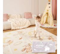 Joypony Tapis d'Éveil Bébé Pliable 120x120cm, Tapis de Jeu en Mousse XPE Épais, Imperméable & Antidérapant, Double Face Alphabet & Forêt, Sac de Transport Inclus - Lapine