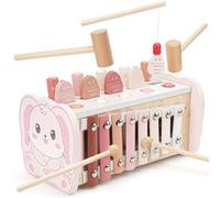 Joyreal Jeux Montessori - 4 en 1 Jouet en Bois, Motricité Bébé, Jeux Educatif avec Xylophone Bebe, Jeu Pêche, Jeu Marteau, Jouet d'Éveil Cadeau Anniversaire Fille Garcon
