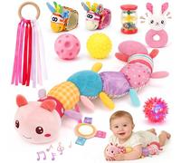 Joyreal Jouets Bébé 0-6 Mois, Coffret Sensoriel Essentiel Bébé, Lot Sensoriel de 10 Pièces pour Nouveau-nés, Chenille Musicale Bébé, Hochets, Rubans, Cadeaux Nouveau-né pour 0, 3, 6, 9 Mois(Rose)