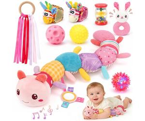 Joyreal Jouets Bébé 0-6 Mois, Coffret Sensoriel Essentiel Bébé, Lot Sensoriel de 10 Pièces pour Nouveau-nés, Chenille Musicale Bébé, Hochets, Rubans, Cadeaux Nouveau-né pour 0, 3, 6, 9 Mois(Rose)