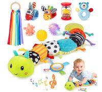 Joyreal Jouets pour Bébé 0-6 Mois, Ensemble de 10 Jouets Sensoriels pour Nouveau-né, Jouets Musicaux pour Bébé en Forme de Chenille, Hochets, Rubans, Boîte Sensorielle Essentielle pour Bébé, Cadeaux