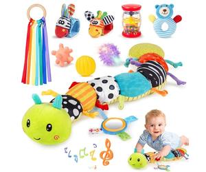 Joyreal Jouets pour Bébé 0-6 Mois, Ensemble de 10 Jouets Sensoriels pour Nouveau-né, Jouets Musicaux pour Bébé en Forme de Chenille, Hochets, Rubans, Boîte Sensorielle Essentielle pour Bébé, Cadeaux
