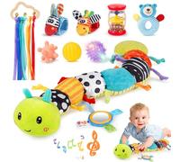 Joyreal Jouets pour bébé de 0 à 6 mois, lot de 10 jouets sensoriels pour nouveau-né, chenille, jouets musicaux, hochets, rubans, jouets Tummy Time Toys, cadeau de 3, 6, 9 mois