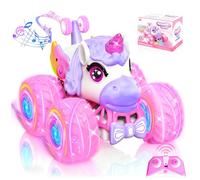 JOYSINTOY Voiture Télécommandée Licorne pour Fille, Voiture de Cascade Rotative à 360° avec LED, 2.4 GHz RC Cadeaux de Noël Originaux Anniversaire Jouet Enfant 3 Ans+ pour Intérieur et Extérieur