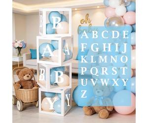 JOYSKY 4 Boîte Cube Ballon Baby Shower Decoration Transparente Avec Lettre (A-Z) Anniversaire Deco Mariage Fille Garcon Fête Boîte Ballon Anniversaire Carrées Blanches, Définir La Révélation du Genre