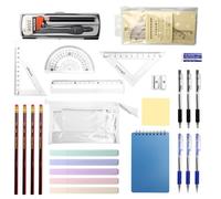 JOYSKY GCSE Lot de 26 articles de papeterie pour la rentrée scolaire comprenant un rapporteur et une boussole avec stylos, gomme, taille-crayon, règle, post-it, bloc-notes dans une trousse remplie