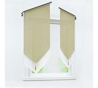 Joyswahl 1 Pièce Rideau Brise Bise Passe Tringle sans Percage avec Frange à Pompon Transparent Tamisant Lumière Elegant Rideaux de Cuisine Sable LxH 40x90cm