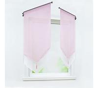 Joyswahl 1 Pièce Rideau Brise Bise Passe Tringle sans Percage avec Frange à Pompon Transparent Tamisant Lumière Elegant Rideaux de Cuisine Rose LxH 60x120cm