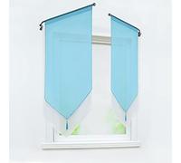 Joyswahl 1 Pièce Rideau Brise Bise Passe Tringle sans Percage avec Frange à Pompon Transparent Tamisant Lumière Elegant Rideaux de Cuisine Bleu LxH 60x120cm