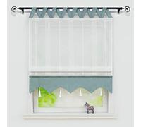 Joyswahl Catrin Store Romain à Passant en V Passe Tringle avec Frange à Pompon Transparent Rideau Voilage Décor pour Fenêtre de Chambre Cuisine Salle de Bain 1 Pièce Bleu Vert LxH 100x140CM