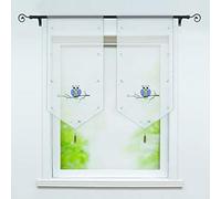 Joyswahl EDA 1 Pièce Rideau Brise-Bise Transparent Vert LxH 60x120cm Broderie de Hibou Frange à Pompon Passe Tringle Décoration de Cuisine Chambre Salon Court Voilage