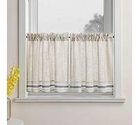 Joyswahl Felix Lot de 2 rideaux brise-bise aspect lin vintage avec motif à rayures Style maison de campagne Café stores courts à rayures beiges et grises 110 x 90 cm