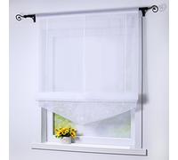 Joyswahl Lisa Store Romain Transparent en Polyester avec Broderie de Fleurs Passe Tringle Rideau Cuisine Chambre Blanc LxH 60x140cm