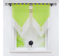 Joyswahl Lydia Lot de 2 Voilages à Double Couche Transparent en Polyester à Passants avec Frange à Pompon Décoration de Fenêtre pour Cuisine Salon Vert/Blanc LxH 45x90CM