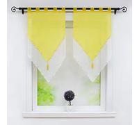 Joyswahl Lydia Lot de 2 Voilages à Double Couche Transparent en Polyester à Passants avec Frange à Pompon Décoration de Fenêtre pour Cuisine Salon Jaune/Blanc LxH 45x90CM