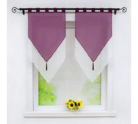 Joyswahl Lydia Lot de 2 Voilages à Double Couche Transparent en Polyester à Passants avec Frange à Pompon Décoration de Fenêtre pour Cuisine Salon Violet/Blanc LxH 60x120CM
