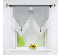 Joyswahl Lydia Lot de 2 Voilages à Double Couche Transparent en Polyester à Passants avec Frange à Pompon Décoration de Fenêtre pour Cuisine Salon Gris/Blanc LxH 45x90CM