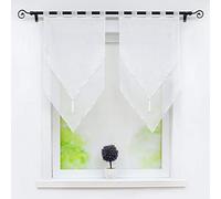 Joyswahl Lydia Lot de 2 Voilages à Double Couche Transparent en Polyester à Passants avec Frange à Pompon Décoration de Fenêtre pour Cuisine Salon Blanc/Blanc LxH 60x120CM