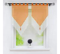 Joyswahl Lydia Lot de 2 Voilages à Double Couche Transparent en Polyester à Passants avec Frange à Pompon Décoration de Fenêtre pour Cuisine Salon Orange/Blanc LxH 60x90CM
