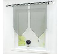 Joyswahl Melina Lot de 2 Voilages Uni à Passants avec Frange à Pompon Transparent Décoration de Fenêtre et Porte Gris LxH 45x90CM