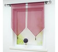 Joyswahl Melina Lot de 2 Voilages Uni Passe Tringle avec Frange à Pompon avec Cordon de Serrage Transparent Décoration de Fenêtre et Porte Violet LxH 45x90CM