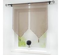 Joyswahl Melina Lot de 2 Voilages Uni Passe Tringle avec Frange à Pompon avec Cordon de Serrage Transparent Décoration de Fenêtre et Porte Marron LxH 45x90CM