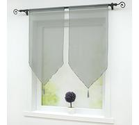 Joyswahl Melina Lot de 2 Voilages Uni Passe Tringle avec Frange à Pompon avec Cordon de Serrage Transparent Décoration de Fenêtre et Porte Gris LxH 45x90CM