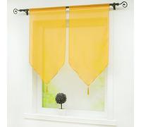 Joyswahl Melina Lot de 2 Voilages Uni Passe Tringle avec Frange à Pompon avec Cordon de Serrage Transparent Décoration de Fenêtre et Porte Jaune LxH 45x90CM
