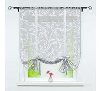Joyswahl Store Romain Transparent avec Ruban en Satin Motif de Fleurs Passe Tringle Rideau Voilage pour Cuisine Chambre Gris LxH 60x140cm 1 Pièce