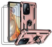Joytag Coque Xiaomi 11T/11T Pro,Etui + Verre Trempé[2 Pièces] magnétique Support Armure Robuste Antichoc Silicone TPU 360 degré Cas de téléphone de Voiture Bumper-Or Rose