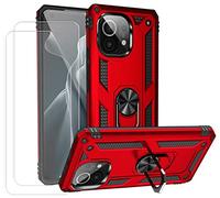 Joytag Coque Xiaomi Mi 11/Mi 11 5G,Etui + Protection ecran[2 Pièces] magnétique Support Armure Robuste Antichoc Silicone TPU 360 degré Cas de téléphone de Voiture Bumper-Rouge