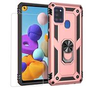 Joytag kompatibel Coque Samsung A21S,Etui + Film de Verre trempé magnétique Support Armure Robuste Antichoc Silicone TPU 360 degré Cas de téléphone de Voiture Bumper-Or Rose
