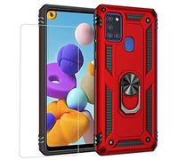 Joytag kompatibel Coque Samsung A21S,Etui + Film de Verre trempé magnétique Support Armure Robuste Antichoc Silicone TPU 360 degré Cas de téléphone de Voiture Bumper-Rouge
