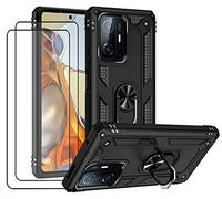 JOYTAG kompatibel Coque Xiaomi 11T/11T Pro,Etui + Verre Trempé[2 Pièces] magnétique Support Armure Robuste Antichoc Silicone TPU 360 degré Cas de téléphone de Voiture Bumper-Noir