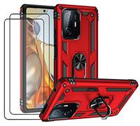 Joytag kompatibel Coque Xiaomi 11T/11T Pro,Etui + Verre Trempé[2 Pièces] magnétique Support Armure Robuste Antichoc Silicone TPU 360 degré Cas de téléphone de Voiture Bumper-Rouge