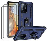JOYTAG kompatibel Coque Xiaomi 11T/11T Pro,Etui + Verre Trempé[2 Pièces] magnétique Support Armure Robuste Antichoc Silicone TPU 360 degré Cas de téléphone de Voiture Bumper-Bleu