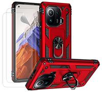 JOYTAG kompatibel Coque Xiaomi Mi 11 Pro,Etui + Protection ecran[2 Pièces] magnétique Support Armure Robuste Antichoc Silicone TPU 360 degré Cas de téléphone de Voiture Bumper-Rouge