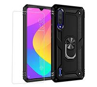 Joytag kompatibel Coque Xiaomi Mi 9 Lite,Etui + Film de Verre trempé magnétique Support Armure Robuste Antichoc Silicone TPU 360 degré Cas de téléphone de Voiture Bumper-Noir