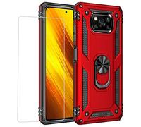 Joytag kompatibel Coque Xiaomi Poco X3 NFC,Etui + Film de Verre trempé magnétique Support Armure Robuste Antichoc Silicone TPU 360 degré Cas de téléphone de Voiture Bumper-Rouge