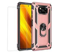 Joytag kompatibel Coque Xiaomi Poco X3 NFC,Etui + Film de Verre trempé magnétique Support Armure Robuste Antichoc Silicone TPU 360 degré Cas de téléphone de Voiture Bumper-Or Rose