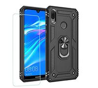 JOYTAG kompatibel für Coque Huawei Y7 2019,Etui + Film de Verre trempé magnétique Support Armure Robuste Antichoc Silicone TPU 360 degré Cas de téléphone de Voiture Bumper-Noir