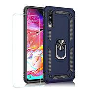 JOYTAG kompatibel für Coque Samsung A70 ,Etui + Film de Verre trempé magnétique Support Armure Robuste Antichoc Silicone TPU 360 degré Cas de téléphone de Voiture Bumper-Bleu