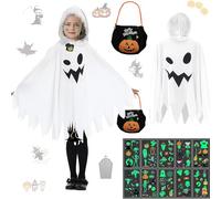 JOYTIX®costume fantôme enfant : Vêtement Fluorescent, Sac à Bonbons Citrouille & 10 Autocollants Phosphorescents | Déguisement Halloween 2025 pour Filles et Garçons (M (taille recommandée 130-140 cm))