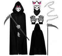 JOYTIX®Costume Faucheuse Deluxe 6 Pièces: Cape à Capuche Noire, Faux Squelette Lumineux, Yeux LED, Chaîne Fantôme + Gants Fluos (M (Taille corporelle recommandée 140-160 cm))