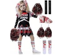 JOYTIX®Costume Séparable Cheerleader Zombie 2025，Haut Taché de Sang + Jupe Déchirée & Bandages，Horreur Scolaire Halloween Taille S/M/L (4-12ans) (S (Taille corporelle recommandée 110-120 cm))