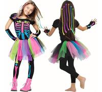 JOYTIX®Costume Squelette Effrayant Enfant 2025: Jupe Ballerine + Os Colorés & Manches à Tresses,Fête d'Horreur Halloween Taille S/M/L (110-140cm) (M (Taille corporelle recommandée 120-130 cm))
