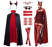 JOYTIX®Costume Vampire Halloween 7 Pièces: Cape Réversible Rouge/Noir Sexy avec Cornes Diable & Masque Chauve-Souris pour Adultes, Ados, Enfants.Taille M/L/XL (Enfant 140-200cm)