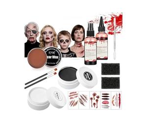 JOYTIX®Kit Maquillage SFX Cire à Cicatrices Faux Sang Gel Palette Peinture Visage Noir Blanc | Maquillage Halloween Horreur pour Blessures Effrayantes Looks Zombie Squelette (Set B)